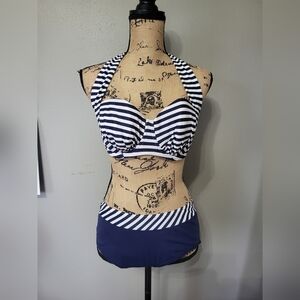 Midnight Grace Two Piece Striped Navy White Bikini 36/E